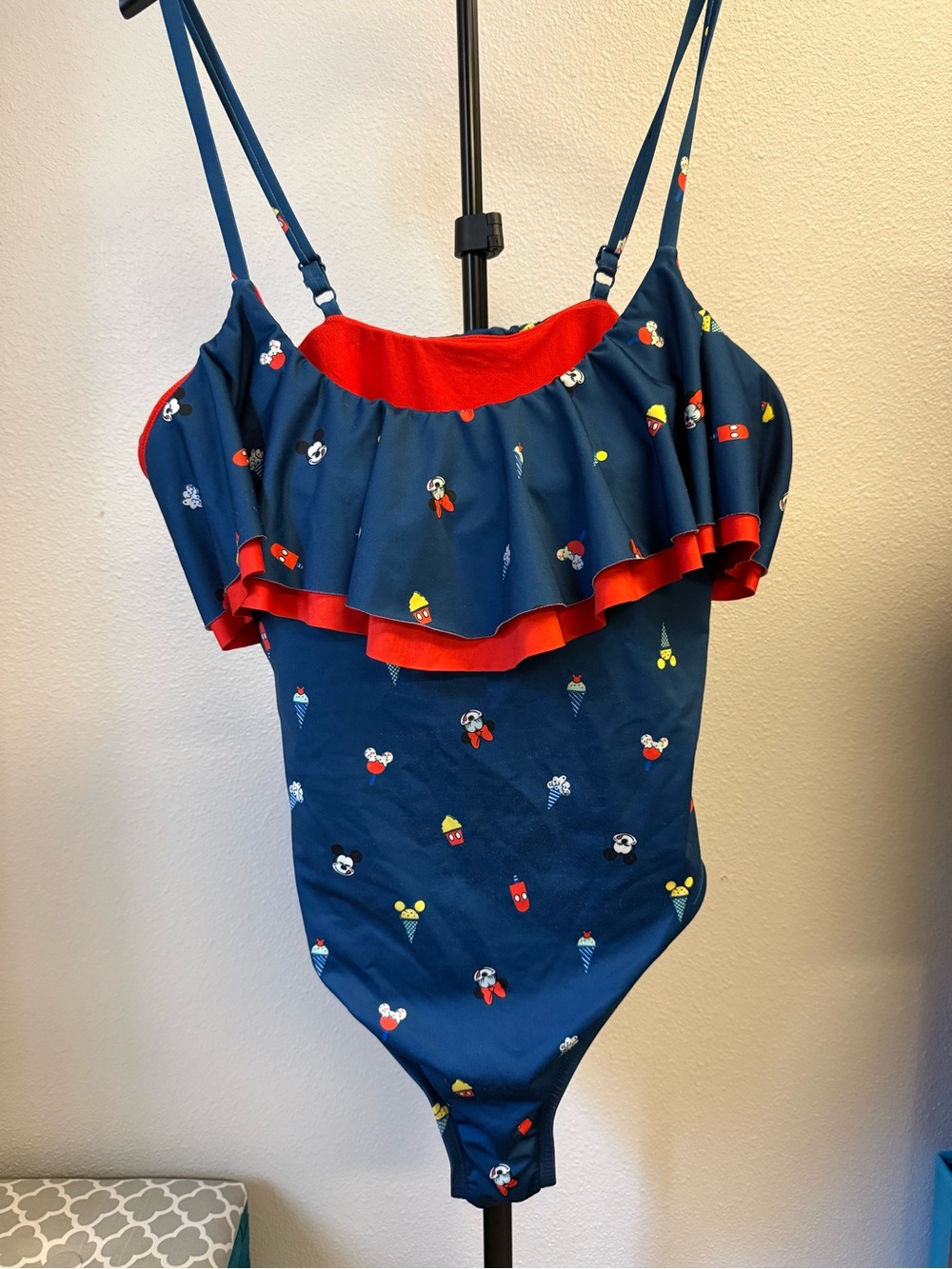 Disney Navy One-Piece Swim with Red Ruffle & Character Print